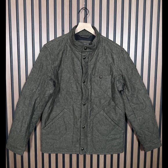 J Crew Quilted Jacket Medium Mens Brown Gray Sussex Button Snap Zip Up Primaloft